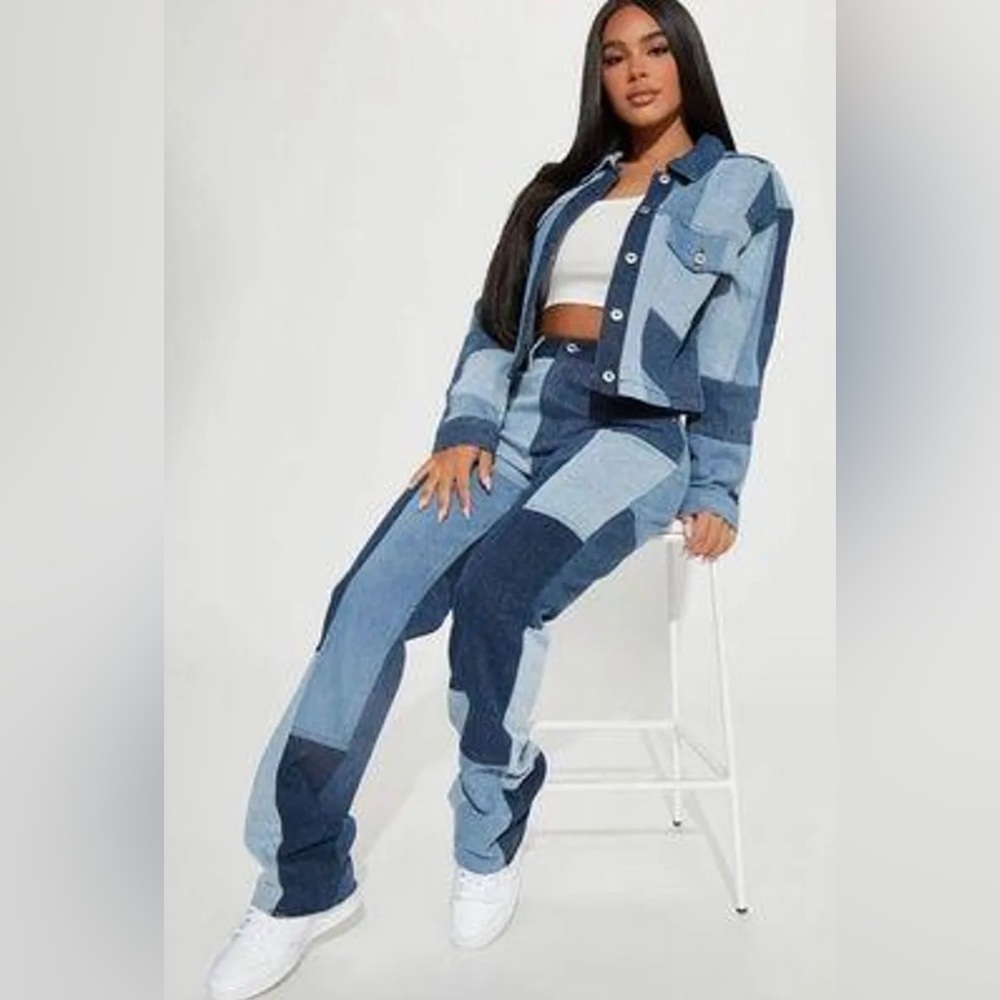 Fashion Nova Hey Girl Patchwork Denim Cropped & Jacket Straight Leg Jeans 14 XL - Picture 2 of 11